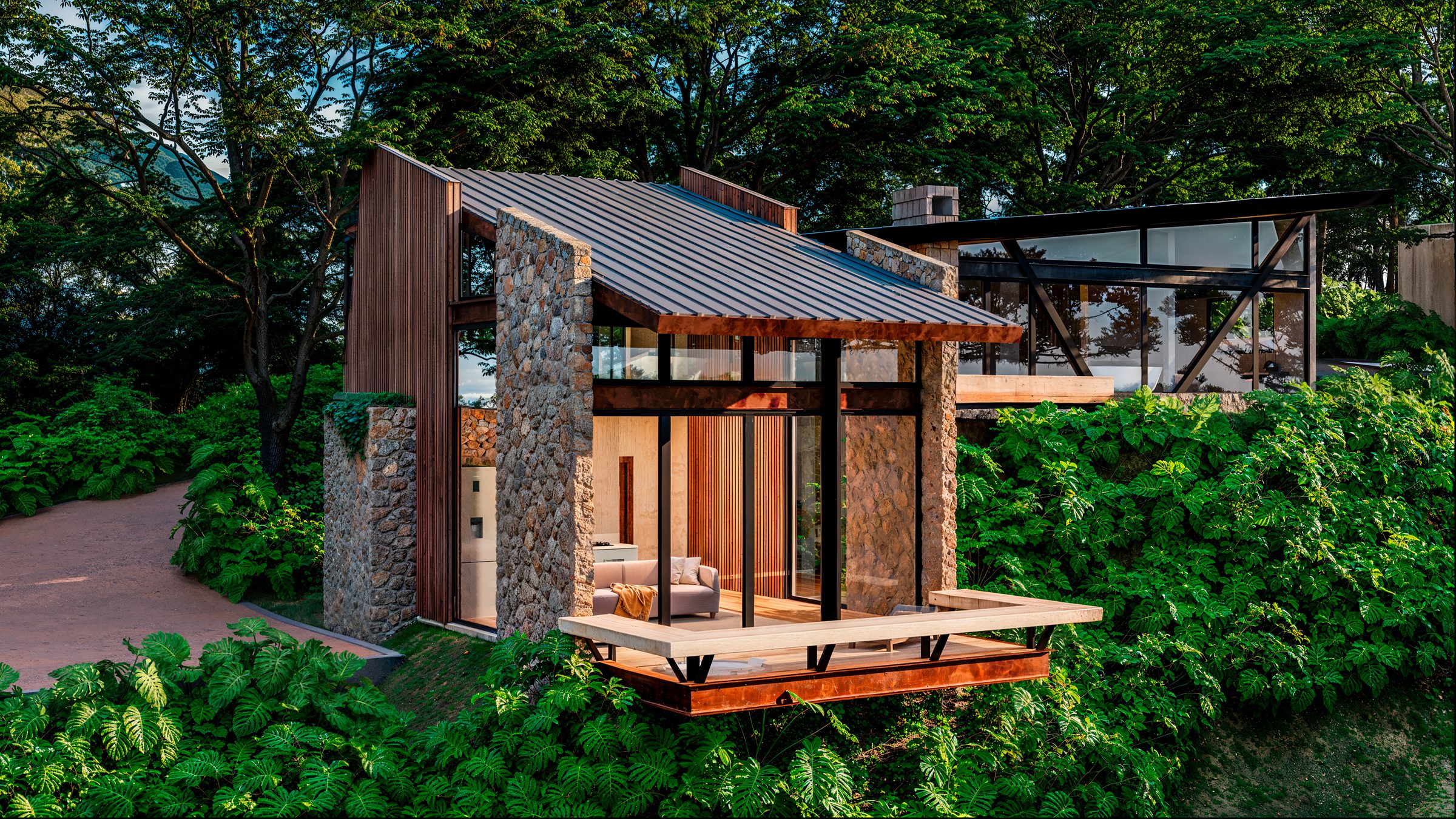 3D exterior rendering of a timber and stone house in the forest at dusk