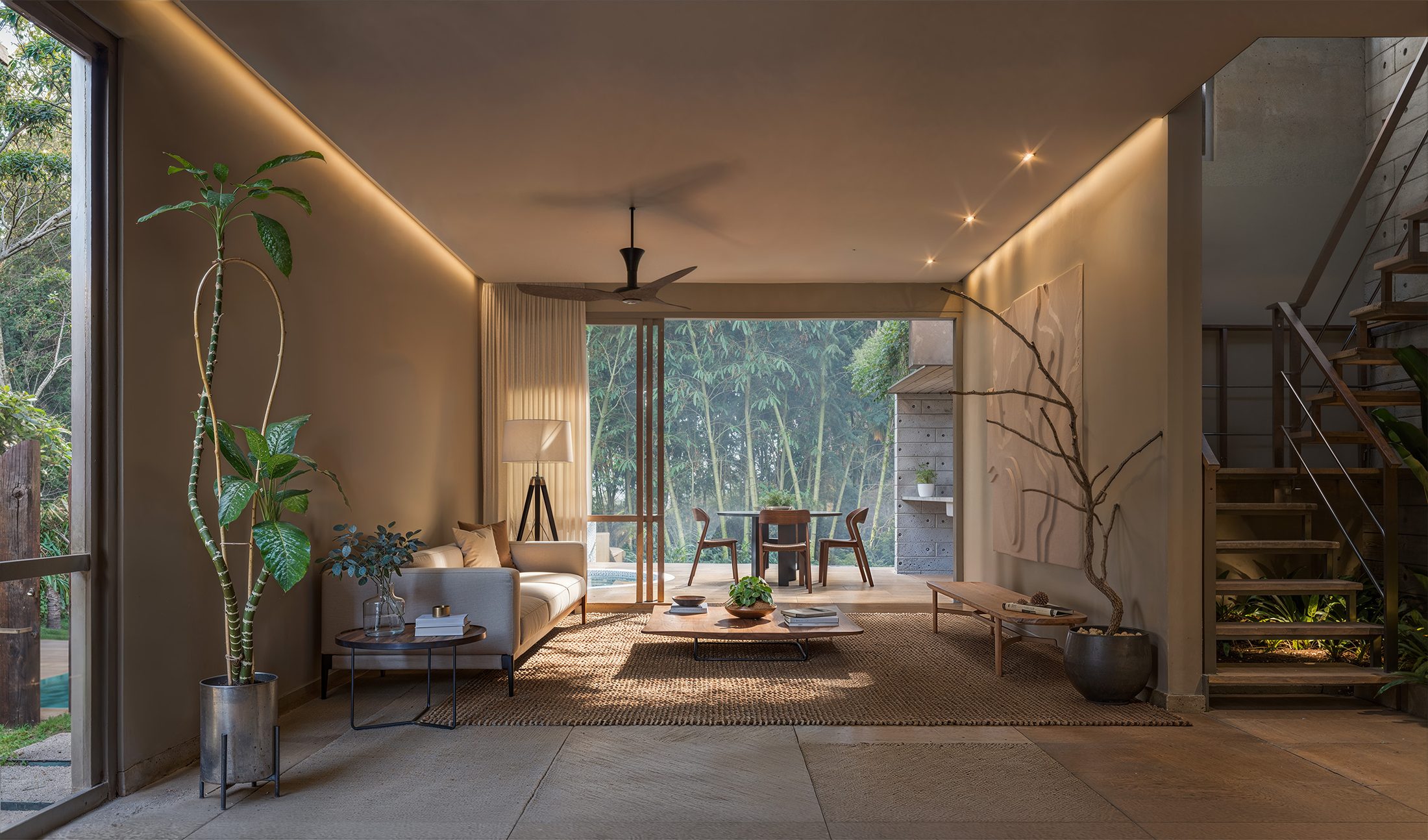 3D interior rendering of a double-height living room facing the forest