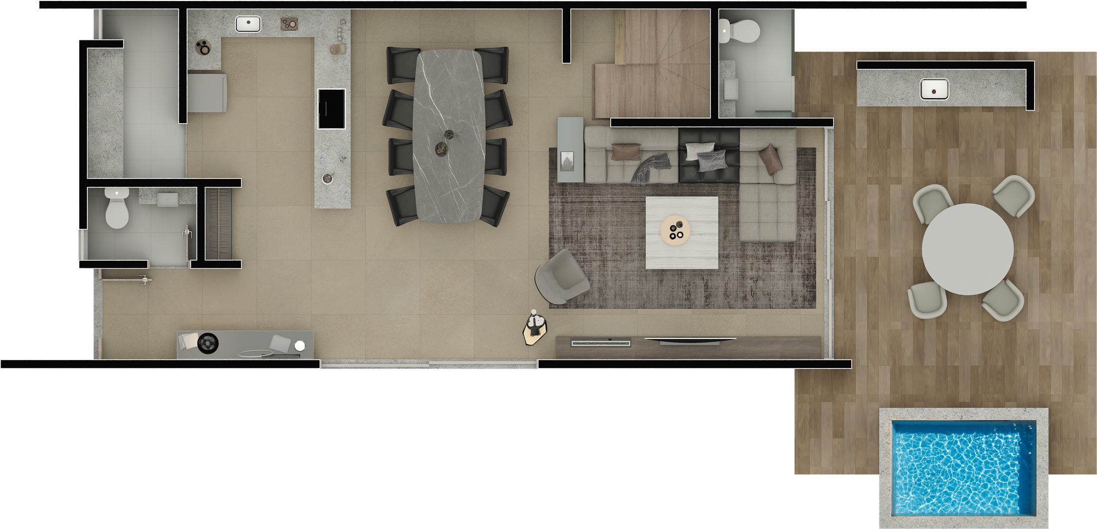 Rendered floor plan of a house ground floor with a pool